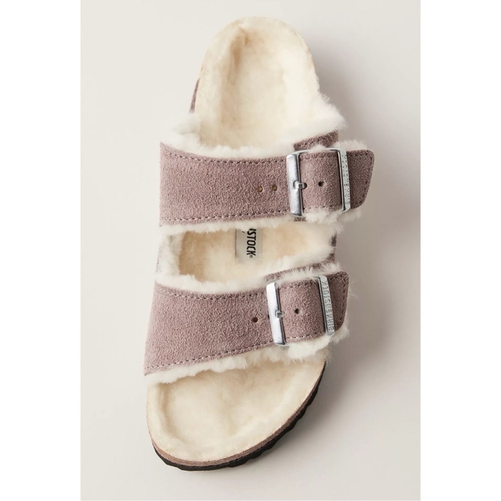 New Birkenstock Arizona Shearling Sandals Slides Purple Sherpa Purple Suede 39 - Picture 3 of 12